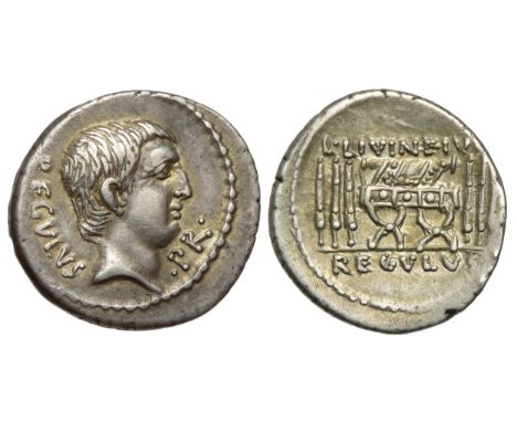 L. Livineius Regulus denarius, 42 BC. Rome mint. Bare head of the praetor L. Livineius Regulus right, REGVLVS PR. R. REGVLVS 