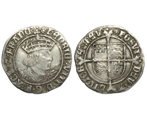 Henry VIII groat. Second coinage 1526-44 AD. Mint mark rose. Crowned bust right. Laker bust D. R. Shield over cross. Silver, 