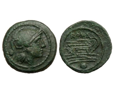 Roman Republic: Uncia, 217-215 BC. Helmeted head of Roma left, pellet behind. R. ROMA, Prow of ship right, pellet below. Ref: