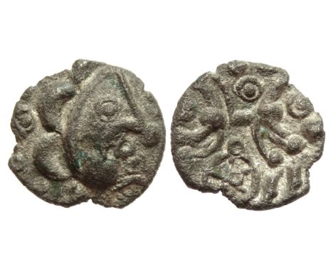 Dobunni Potterne moon head silver unit. Circa 1st century BC-1st century AD. Silver,Â&nbsp;0.84g, 12mm. Moon head right, larg