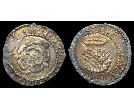 James I penny. Second coinage, 1604-1619 AD. Silver, 0.51g. 14mm. Rose, I D G ROSA SINE SPINA. R. Thistle. Mint mark cinquefo