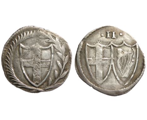 Commonwealth halfgroat. 1649-1660 AD. Silver, 16mm. 0.88g. Shield enclosing St George cross, within wreath. R. Conjoined shie