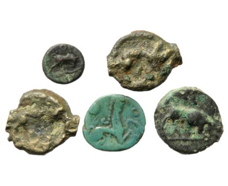 Celtic bronze and potin group (5). Largest 20mm. to include a Thurrock type of the Canti, 2 x Leuci boar type and one from th