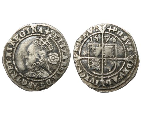 Elizabeth I threepence. Fifth issue, 1578-82 AD. Silver, 19mm. 1.31g. Crowned bust left, rose behind. R. Shield over cross, 1