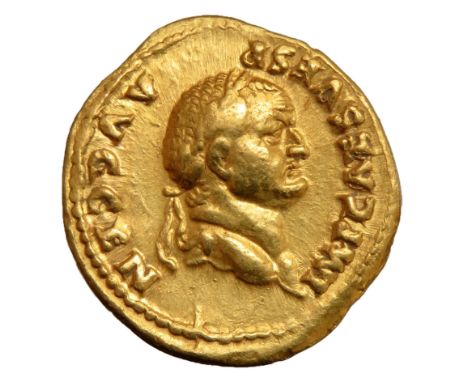 Vespasian Aureus. 69-79 AD. Laureate bust right,Â&nbsp;IMP CAES VESP AVG CEN. R. PAX AVG,Â&nbsp;Pax standing left leaning on 