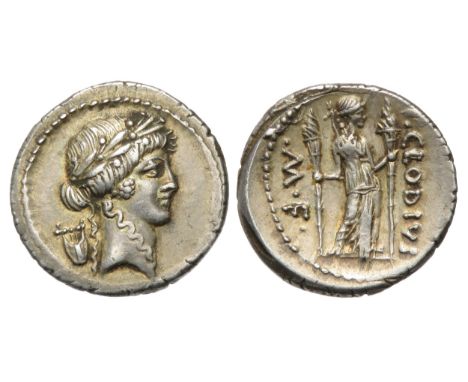 P. Clodius M.f. Turrinus. Rome 42 BC. Denarius. Silver, 4.04g. 18mm. Laureate head of Apollo right, hair rolled into chignon 