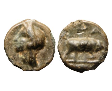 Cantiaci Thurrock MA type potin c. 120BC - 100BC. Head of Apollo left. R. Bull butting left, MA above. Copper-alloy, 17mm. 2.