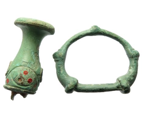 Celtic Iron age linch pin and terret ring. Circa 1st century BCE- 1st century CE. Copper-alloy, 55mm x 28mm, 110g &amp; 63mm 