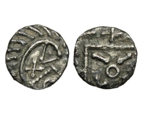 Series E sceat. Continental series, circa 695-740 AD. Silver, 11mm. 0.83g. Degenerate headÂ&nbsp; enclosing saltire, pelleted