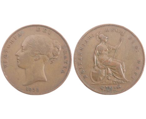1858 Victoria penny. Young head left, VICTORIA DEI GRATIA, date below. R. Britannia seated right. Copper, 18.5g. 34mm. Ref: S