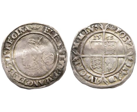 Elizabeth I Sixpence. Third &amp; fourth issue, 1561-77 AD. Mint mark coronet 1569. Crowned bust left, rose behind. R. Shield