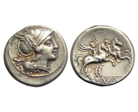 Roman Republic. Denarius, 211-206 BC. Helmeted head of Roma right, X behind. R. the Dioscuri on horseback right, holding spea