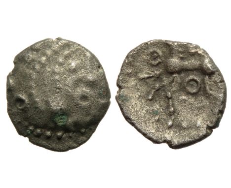 Dobunni Silver Unit. Circa 1st century BC-1st century AD. Silver, 1.13g, 12mm. Moon head right, crescent hair, annulet in fro