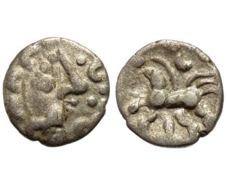 Dobunni Cotswold Eagle silver unit. Circa 1st century BC-1st century AD. Silver, 1.06g, 13mm. Moon head right, pellet crescen