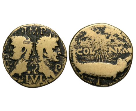 Augustus and Agrippa. Circa 10-14 AD. Heads of Augustus, laureate, and Agrippa, with rostral crown, back to back. IMP DIVI F 