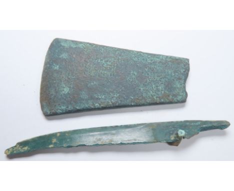 Bronze Age Group (2). Circa 1500-800 BCE. Knife. blade and flat axe. 11.11g-79.49g. 72mm-102mm. 