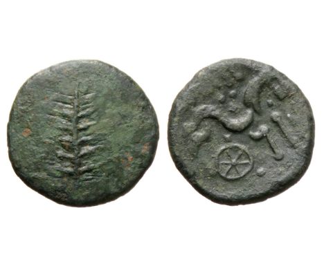 Dobunni EISV bronze core from a gold plated stater. Circa 20-43 AD. 20mm, 5.14g. Tree symbol on plain field. R. Horse with tr