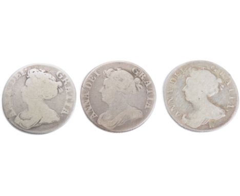Anne shillings (3). 1707, 1710 &amp; 1711. 5.5g-5.9g. Draped bust left, ANNA DEI GRATIA. R. Crowned cruciform shields. Ref: S