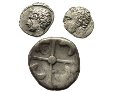 Celtic Gaul silver coin group (3). Circa 150-100 BC. Largest 15mm, 3.4g. To include 2x Obol of Marseille. Head left. R. Four-