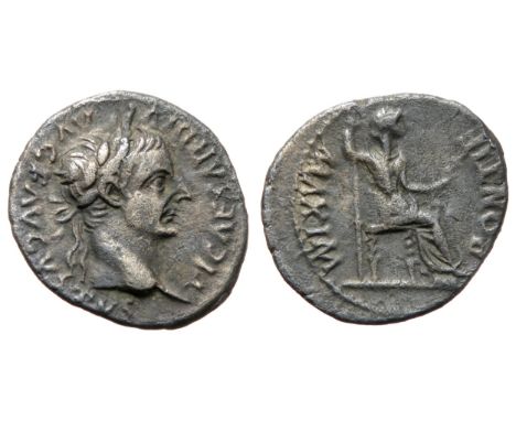 Tiberius denarius. Lugdunum, 15-16 AD. Silver, 20mm. 3.32g. Laureate bust right, TI CAESAR DIVI AVG F AVGVSTVS. R. PONTIF MAX
