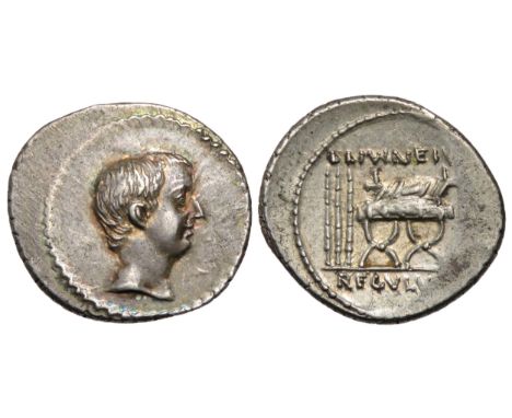 L. Livineius Regulus denarius. Rome 42 BC. Silver, 20mm, 3.90g. Bare head of the praetor L. Regulus right. R. L LIVINEIVS / R