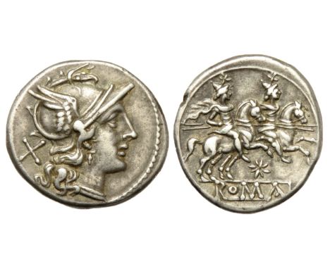 Roman Republic. Denarius, 211-206 BC. Helmeted head of Roma right, X behind. R. the Dioscuri on horseback right, holding spea