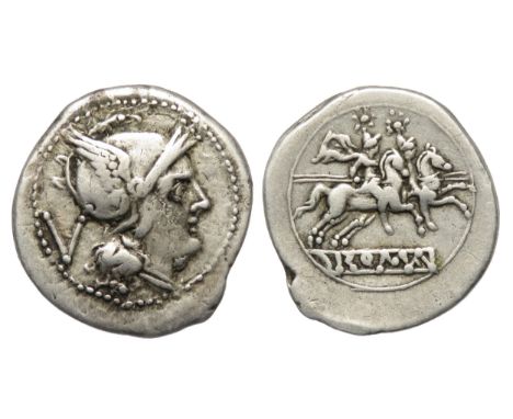 Republican Quinarius, Luceria. 211 BC-210 BC. Head of Roma right, wearing Phrygian helmet, V behind. R. Dioscuri galloping ri