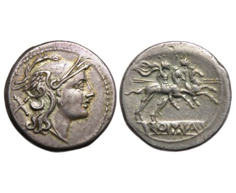 Roman Republic. Denarius, 211-206 BC. Helmeted head of Roma right, X behind. R. the Dioscuri on horseback right, holding spea