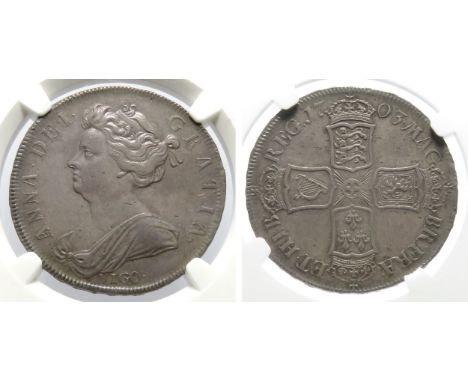 Anne "Vigo" half crown 1703. Graded, AU55 NGC. Draped bust left, ANNE DEI GRATIA, VIGO below. R. Crowned cruciform shields. R