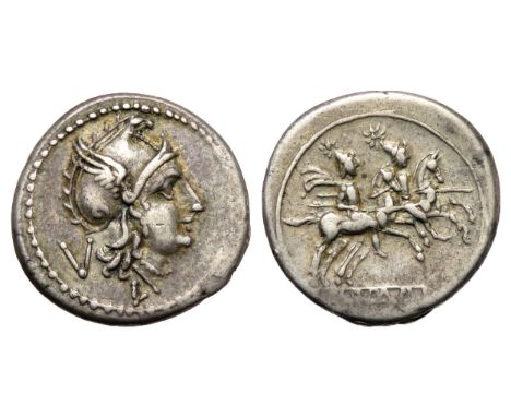 Republican Quinarius, Luceria. 211 BC-210 BC. Head of Roma right, wearing Phrygian helmet, V behind. R. Dioscuri galloping ri