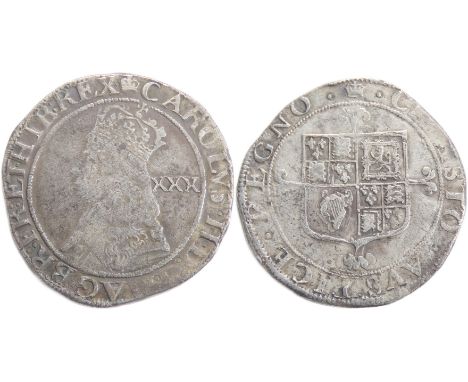Charles II Halfcrown. Hammered Coinage, 1660-1662. Third issue. 14.76g. 35mm. Crowned bust left, XXX mark of value behind. R.