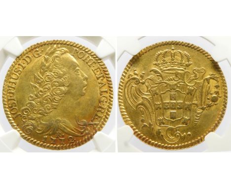 Jose I gold 6400 Reis 1772-R. Graded MS61 NGC. Rio de Janeiro mint. Ref: KM172.2. 14.34g, A pleasing example with very few co