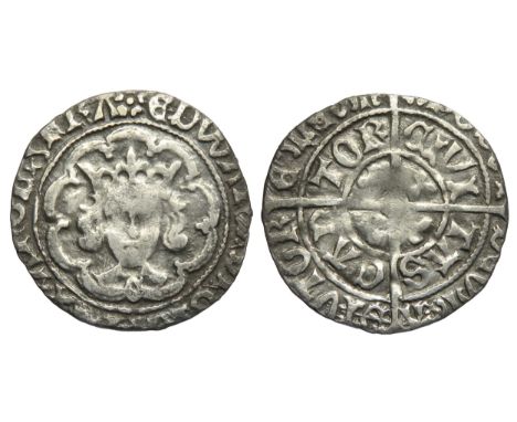Edward IV halfgroat. Canterbury, Archbishop Bourchier. Second reign, 1471-83 AD. Crowned facing bust, C on breast. R. Cross w