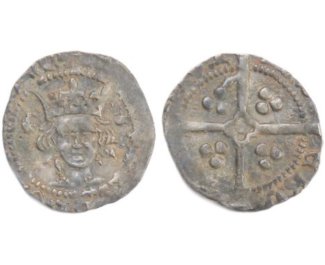 Henry V penny. 1413-1422 AD. York, series F. Crowned facing bust, trefoil over mullet and annulet by crown. R. Cross with pel