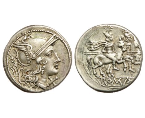 Roman Republic. Denarius, 211-206 BC. Helmeted head of Roma right, X below chin; branch behind. R. the Dioscuri on horseback 