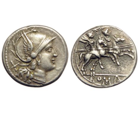 Roman Republic. Denarius, 211-206 BC. Helmeted head of Roma right, X behind. R. the Dioscuri on horseback right, holding spea