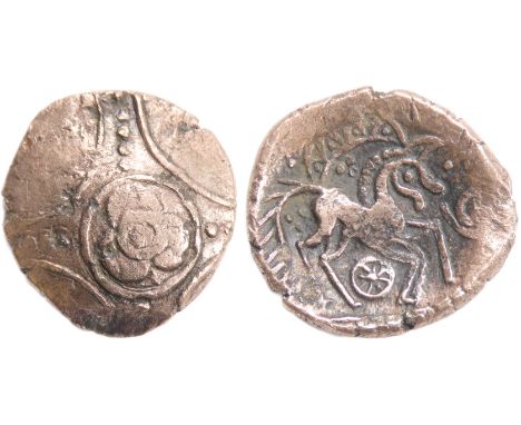 Iceni Freckenham Flower Stater. Circa 20 BC-10 AD. Three-petal flower with central pellet in ring, four pelleted spokes radia