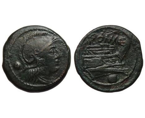Uncia, circa 217-215 B.C. Bronze, 8.51g. 22mm. Head of Roma in crested Attic helmet right, pellet behind. R. Prow right, ROMA
