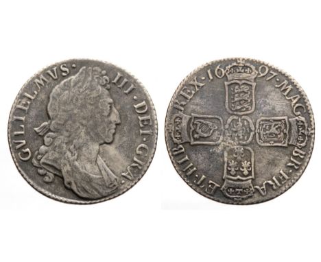 William III shilling 1697. Draped bust right, GVLIELMVS III DEI GRA. R. Crowned cruciform shields. Silver, 25mm. 5.87g. Ref: 