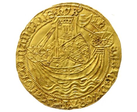 Henry VI Noble, Annulet issue 1422-1430. Gold, 7.0g. 34mm. King standing on ship, holding shield with arms and sword, HENRIC 