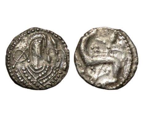 Series K sceatta, type 42. Secondary phase, 710-760 AD. Silver, 12mm. 0.91g. Diademed bust right holding flower in front. R. 