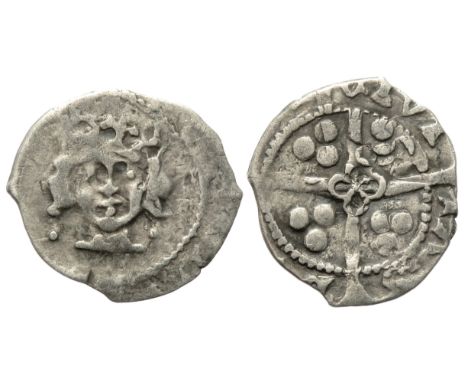 Edward IV penny. Second cross and pellet coinage, 1470. Dublin. Silver, 15mm. 0.56g. Crowned facing bust, pellets at neck. R.