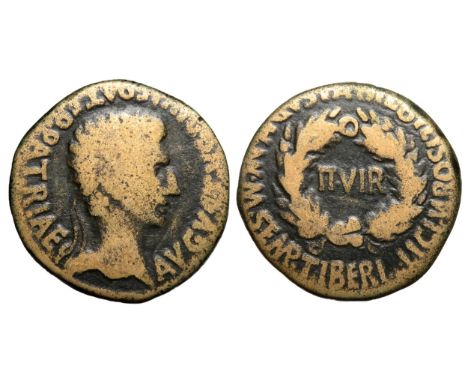 Augustus As, Iberia. Circa 1st century BC- 1st century AD. Copper, 28mm. 12.25g. Bare head right. R. nVIR within wreath. Ref: