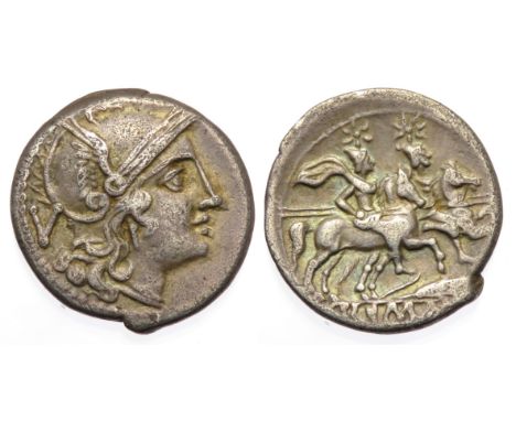 Republican Quinarius, Sicily, 211-210 BC. Silver, 1.88g. 14mm. Helmeted head of Roma right. R. The Dioscuri, each holding spe