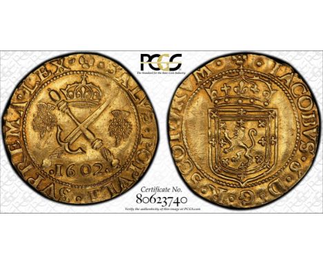 James VI (I) gold Sword &amp; Scepter 1602. Graded AU55 PCGS. Edinburgh mint, Eighth coinage. Ref: S.5460. IACOBVS D G R SCOT