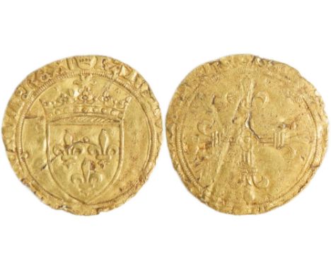 France, Charles VIII Gold Ecu d' or. 1483-1498 AD. Crowned arms of France, KAROLVS DEI GRA FRANCORVM REX. R. Floriate cross w