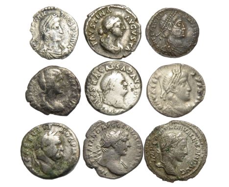 Roman silver coin group (9).Vespasian, Trajan, Faustina II, Julia Domna, Severus Alexander, Julian II, Constantius II &amp; V