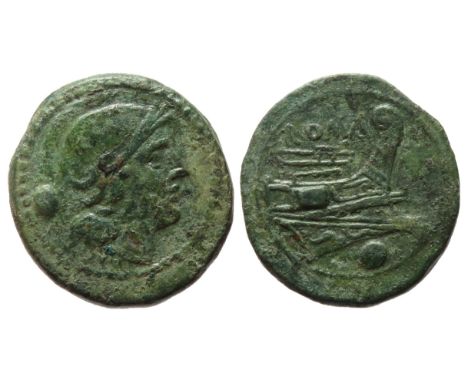 Uncia, circa 217-215 B.C. Bronze, 8.14g. 23mm. Head of Roma in crested Attic helmet right, pellet behind. R. Prow right, ROMA
