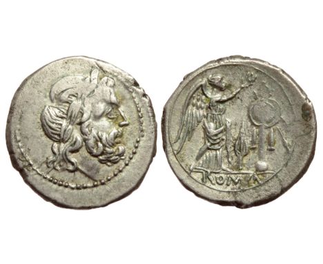 Anonymous Victoriatus. Circa 211-208 BC, uncertain mint in Sicily. Silver, 3.04g. 18mm. Laureate head of Jupiter right. R. RO