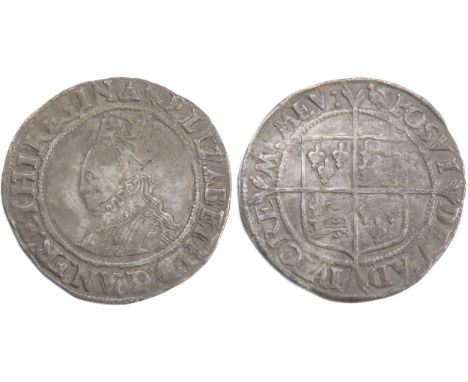 Elizabeth I shilling. Second issue, 1560-61. Crowned bust left, ELIZABETH D G ANG FR ET HI REGINA. R. Shield over cross. Mint